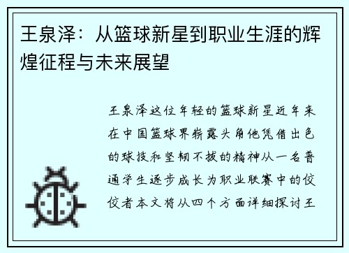 王泉泽：从篮球新星到职业生涯的辉煌征程与未来展望